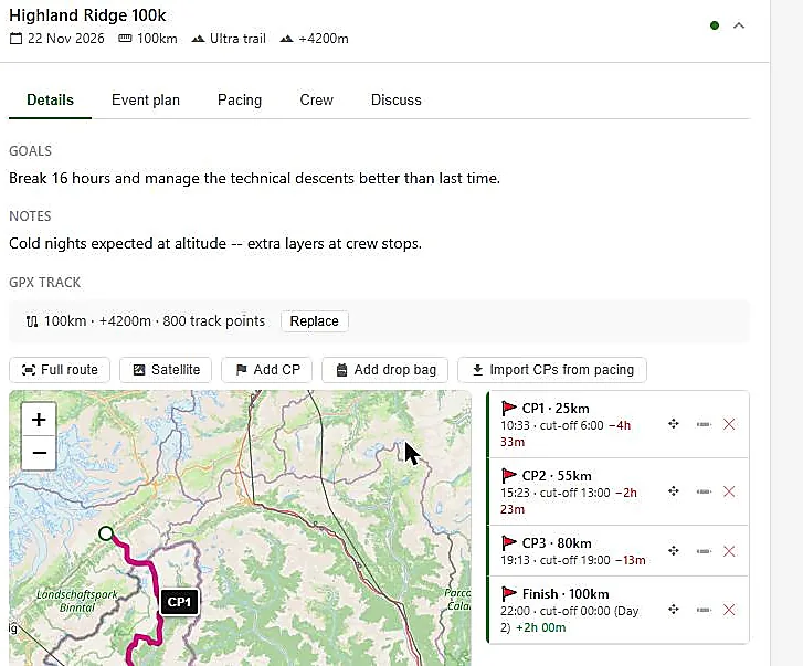 UltraCoach Event Planner Details tab showing a 100km mountain route and checkpoint list