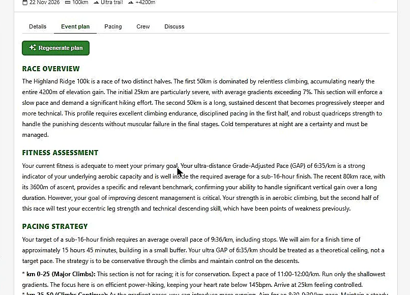 UltraCoach's AI-written Event Plan covering race overview, fitness assessment, and pacing strategy