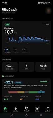 UltraCoach mobile app Home tab showing last activity and training form
