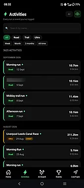 UltraCoach mobile app Activities tab with a logged run history