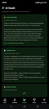 UltraCoach mobile app AI Coach tab with daily guidance and a training plan