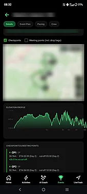 UltraCoach mobile app Events tab showing a race route and checkpoints