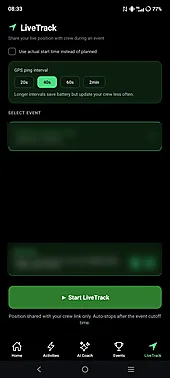 UltraCoach mobile app LiveTrack tab for sharing a live crew link